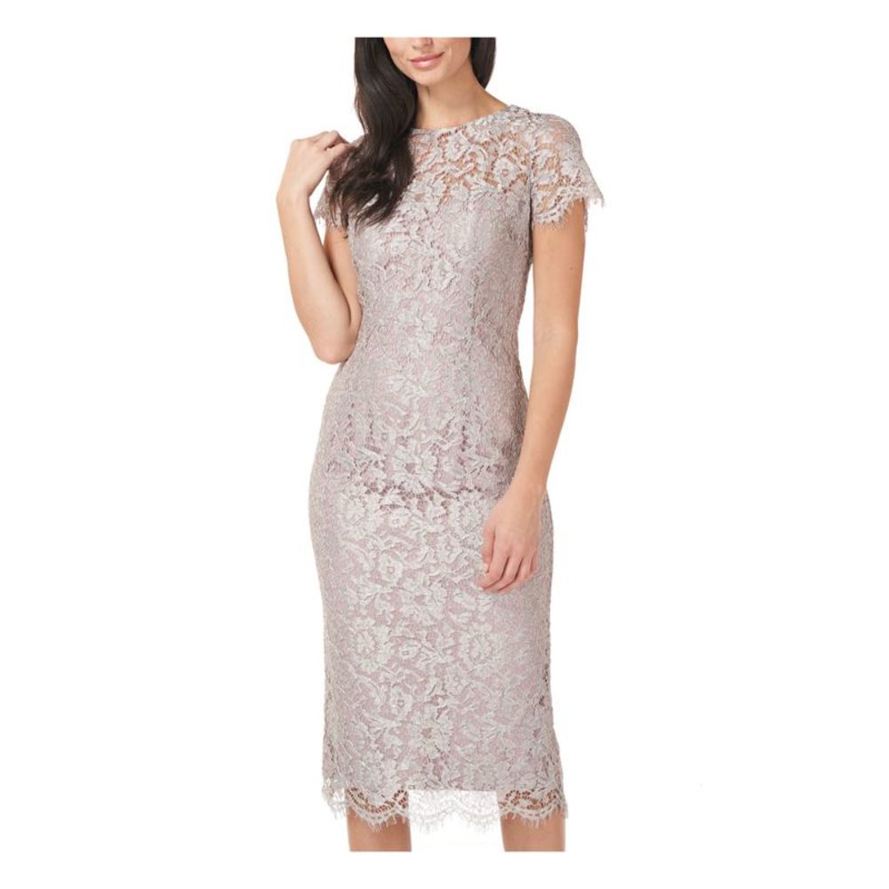 JS COLLECTION Womens Silver Short Sleeve Below The Knee Evening Sheath Dress 2